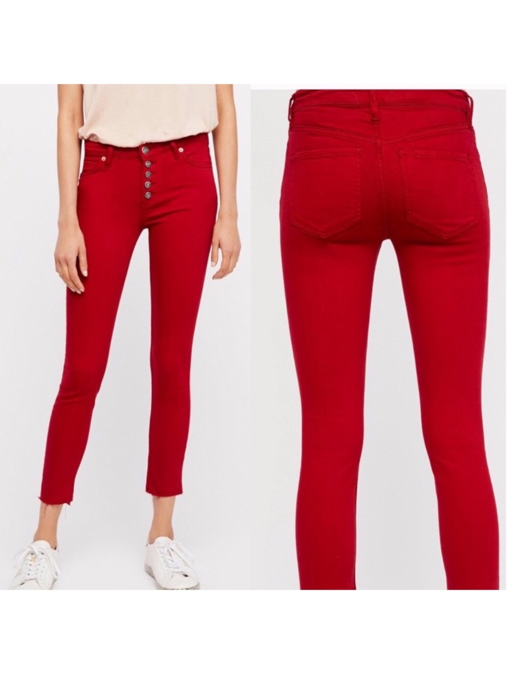 NWOT Free People We The Free Reagan Raw Hem Skinny Cropped Pants in Red Size 26